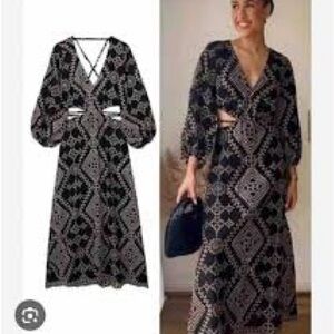 Zara Midi Dress With Cutout Embroidery Black and Cream Size Small 3347/994